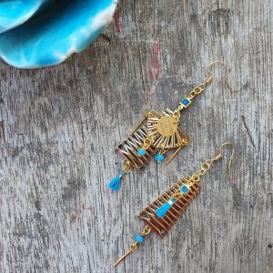 Boucles d 'oreilles - PYLA - Dune de légèreté, asymétrique doré & turquoise