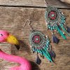 Collection EMMY - CHIC, IMPOSANTE, MAJESTUEUSE ET UNIQUE BOUCLES D 'OREILLES EMMY- GRIS/TURQUOISE- Plumes, perles et tissage - différentes couleurs - Collection EMMY MARIAGE -